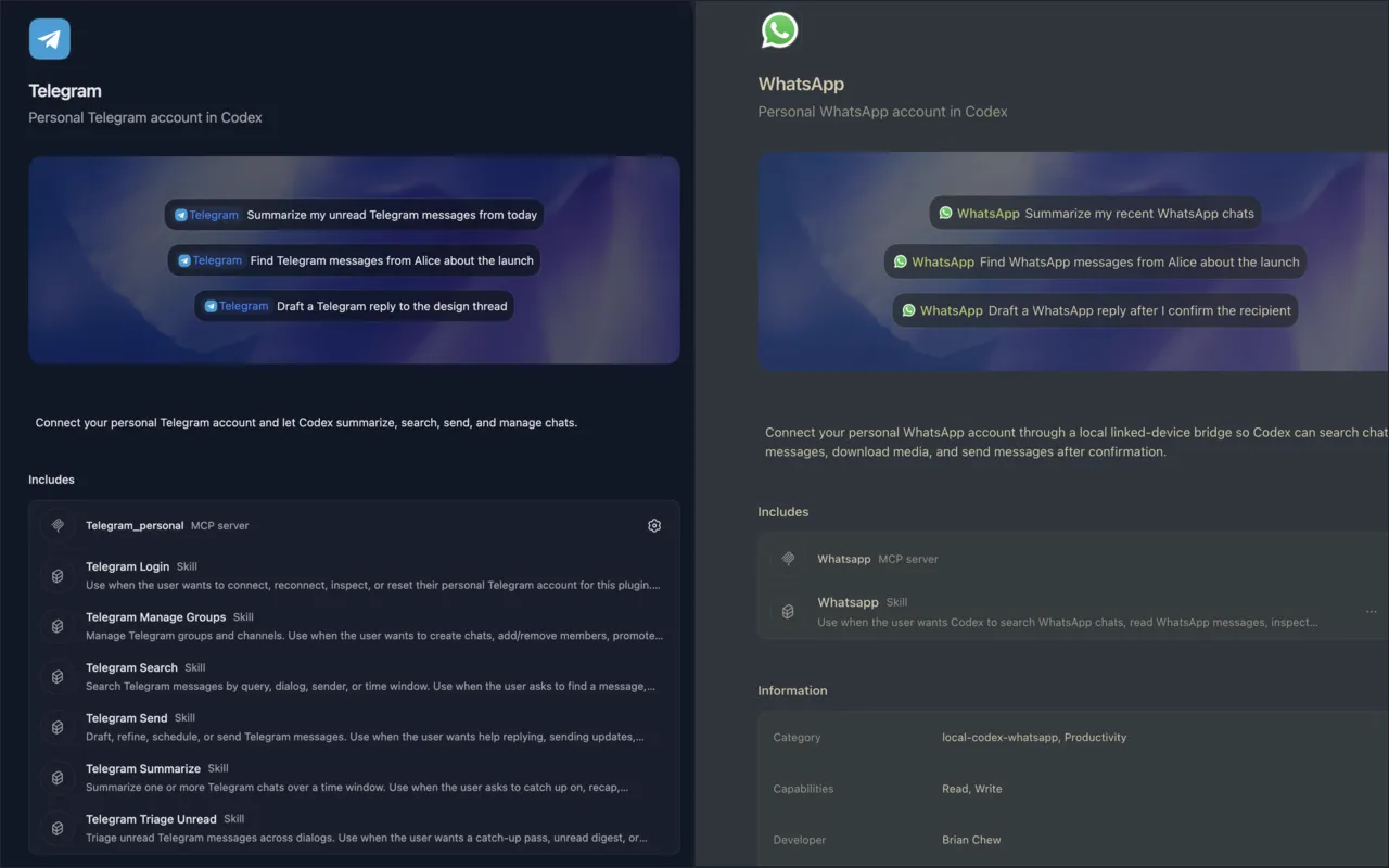 The Telegram and WhatsApp plugin listings in Codex, with example prompts.