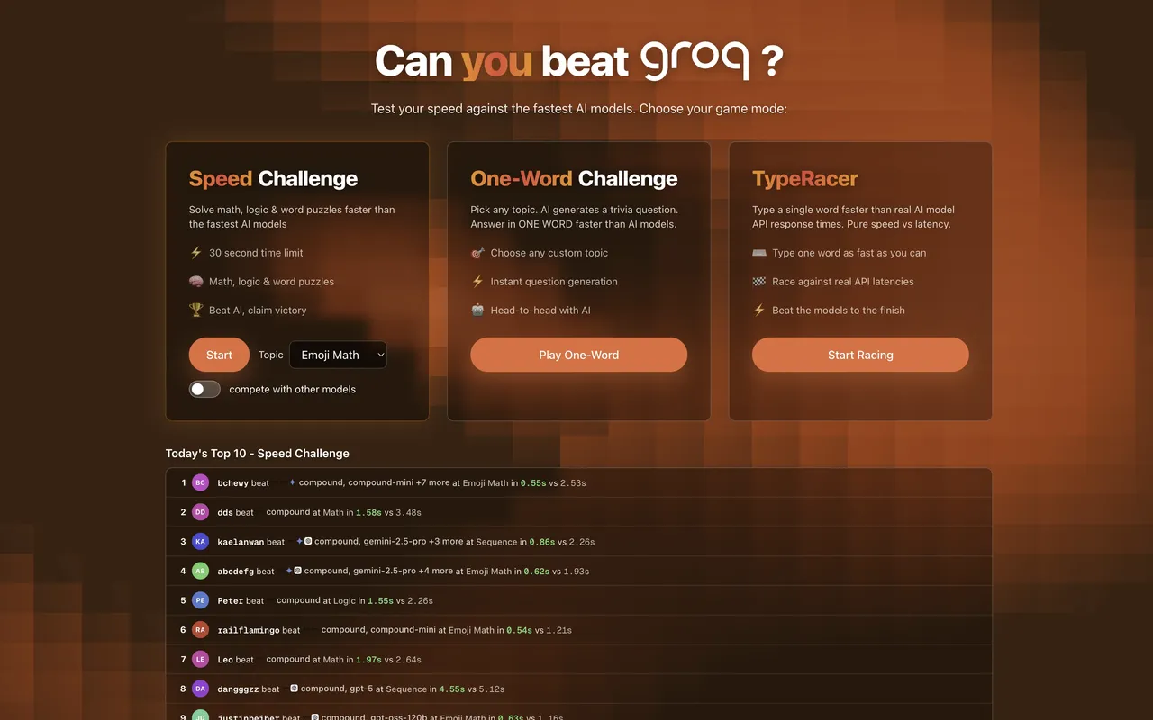 Can You Beat Groq’s game modes and daily leaderboard.