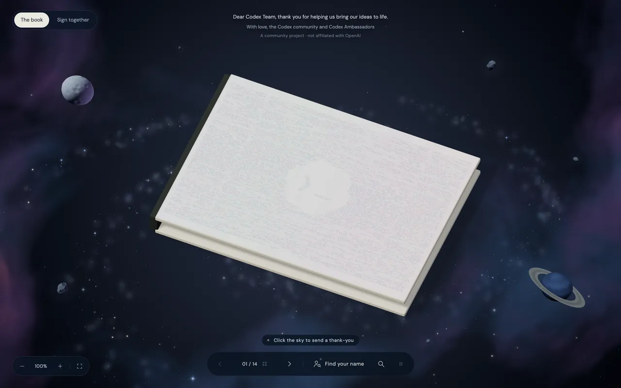 The Dear Codex Team book floating in space among planets.