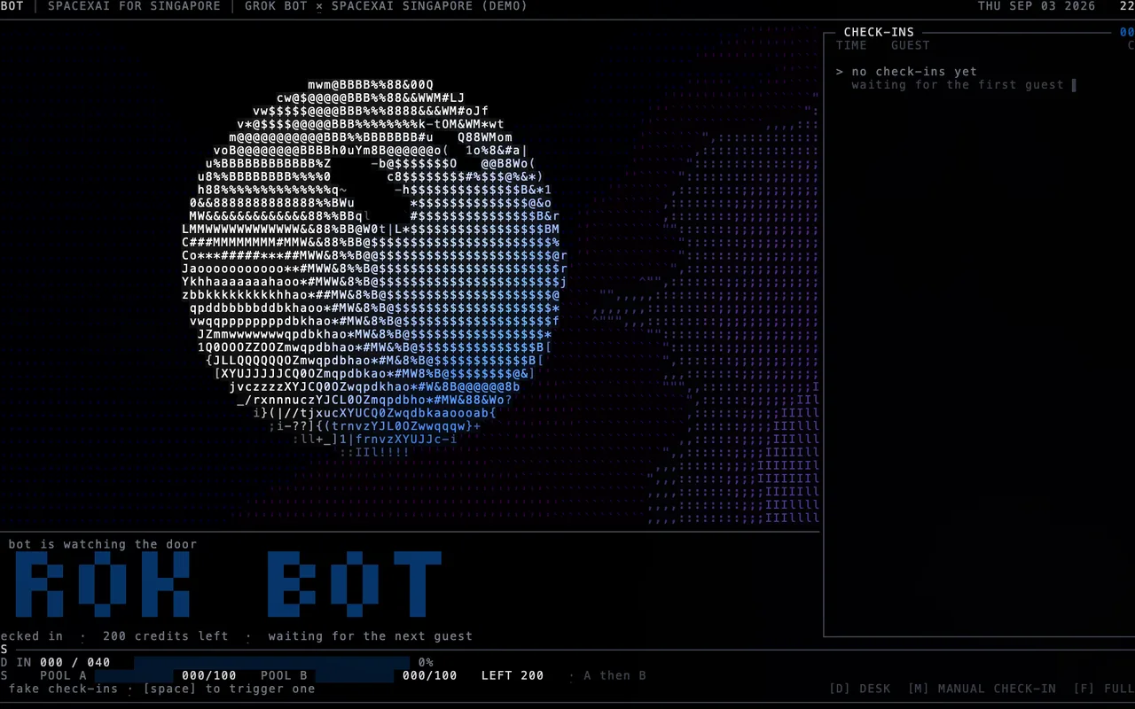 The check-in wall: a Grok Bot rendered in blue ASCII with a live check-in feed.