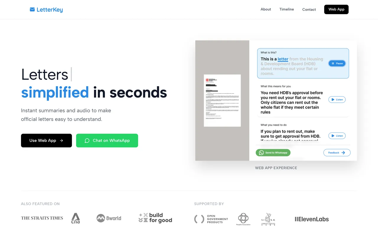 LetterKey’s homepage, showing a government letter summarised in plain language with audio playback.
